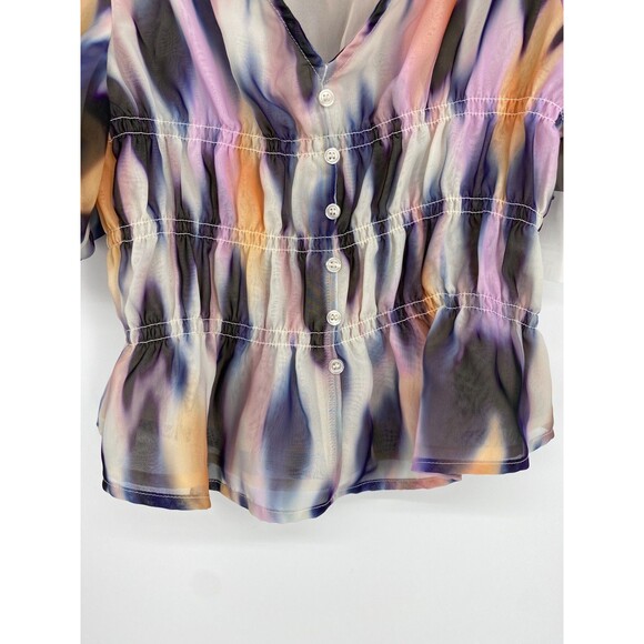 Steve Madden Peplum Top Watercolor Puff Sleeve Fairy Whimsy Romantic Size Large - Picture 8 of 8